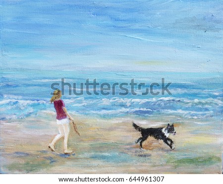 https://thumb1.shutterstock.com/display_pic_with_logo/641404/644961307/stock-photo-an-illustration-painting-of-a-young-woman-walking-her-dog-on-the-beach-the-collie-dog-is-running-644961307.jpg