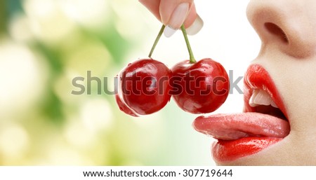 Sexy Red Lips With Cherry Stock Photo | Getty Images