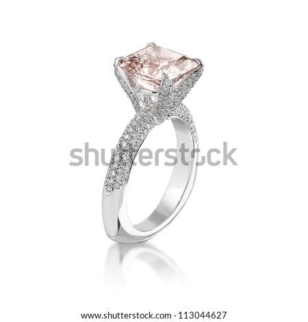 Fine jewelry: Pink diamond engagement ring isolated on white background.