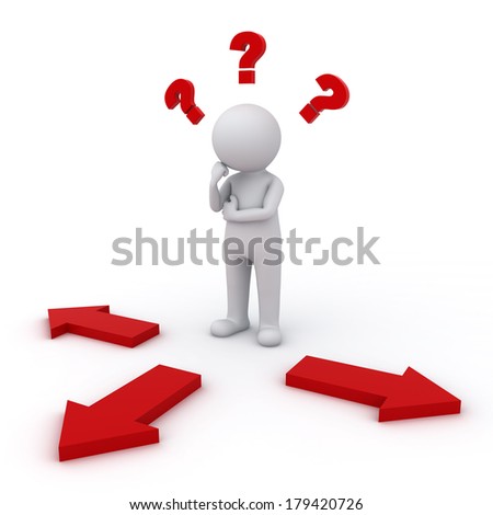 3d man thinking and confusing with three red arrows showing three different directions wondering which way to go over white background