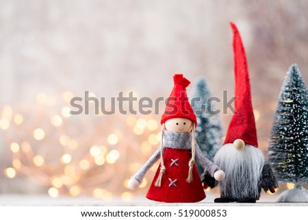 Christmas greeting card. Noel gnome background. Christmas symbol.