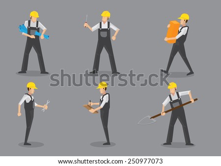 Construction worker wearing yellow helmet and overall work clothes working with different tools. Set of six vector character design isolated on grey background