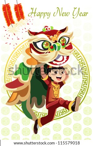 A vector illustration of a Chinese boy dancing a Lion dance