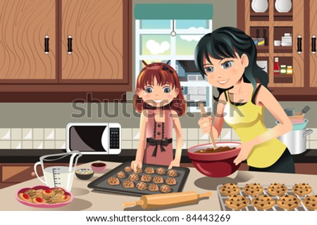 A vector illustration of a mother and her daughter baking cookies in the kitchen