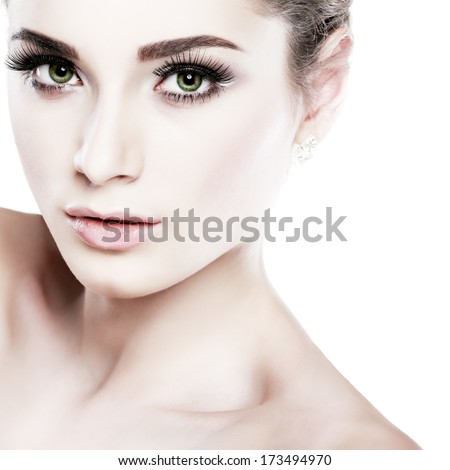 Closeup portrait of sexy whiteheaded young woman, emotions, cosmetics, isolated on a white background
