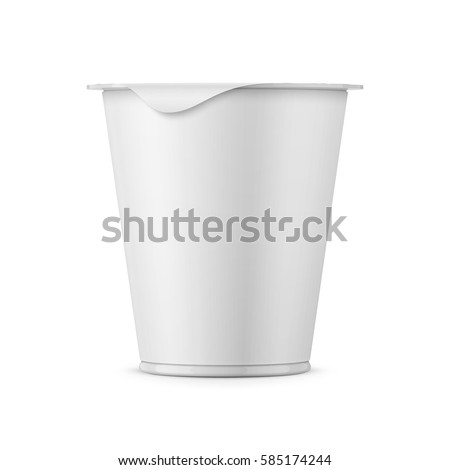 Round white plastic pot with matte carton wrap and foil cover for dairy products, yogurt, cream, dessert. 290 g. Realistic packaging mockup template. Front view. Vector illustration.