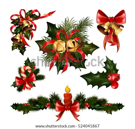 Christmas decorations with fir tree golden jingle bells and decorative elements. Vector illustration