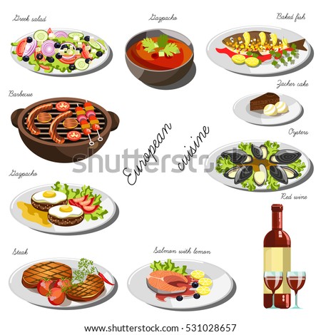 European cuisine set. Collection of food dishes for the decoration of restaurants, cafes, menus. Vector Illustration. Isolated on white.