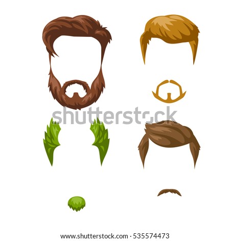 Beards, mustaches and hairstyles set. Different male styles and types of haircuts. Vector Illustration isolated on white.