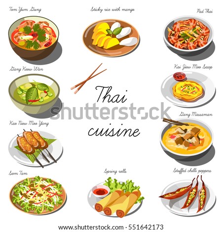 Thai cuisine set. Collection of food dishes for the decoration of restaurants, cafes, menus. Vector Illustration. Isolated on white.