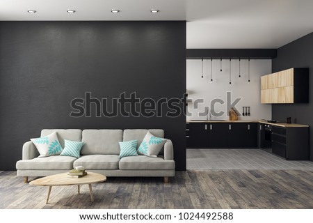 Modern Studio Interior With Living Room Kitchen And Copy Space On Wall Mock Up Modern Studio Interior With Living Room Kitchen And Copy Space On Wall Mock Up
