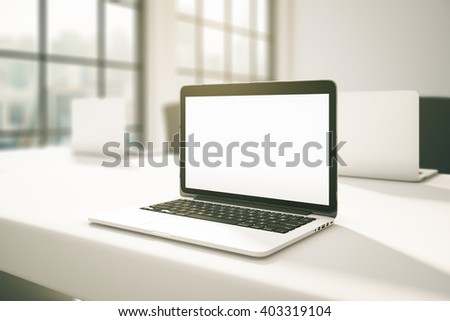 stock photo sideview of white office desktop with blank laptop screen mock up d rendering 403319104