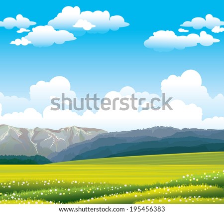 Green flowering field with forest and mountains on a blue sky with clouds. Nature vector landscape.