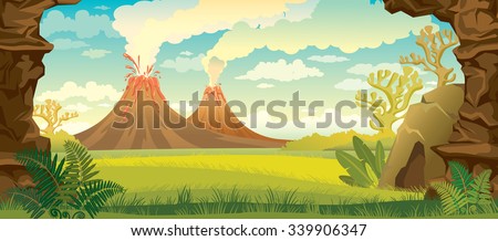 Prehistoric landscape - volcanoes with smoke, green grass, cave and walls of rock. Vector nature illustration.