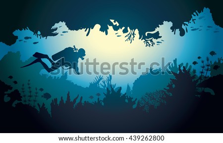 Underwater sea cave with scuba diver, coral reef and fish. Tropical vector illustration.