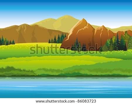 Vector landscape with mountains, green trees and blue lake on a sky background