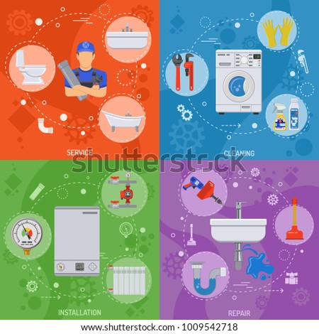 Plumbing Service Installation, Repair and Cleaning Banners with Plumber, Tools and Device Flat Icons. illustration.