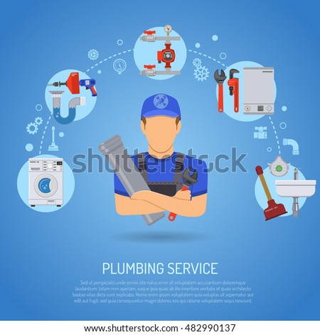 Plumbing Service Infographics Repair and Cleaning with Plumber, Tools and Device Flat Icons. Vector illustration.