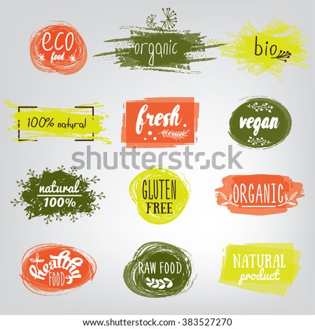 Labels with vegetarian and raw food diet designs. Organic food tags and elements set for meal and drink,cafe, restaurants and organic products packaging.Vector illustrated bio detox logo.