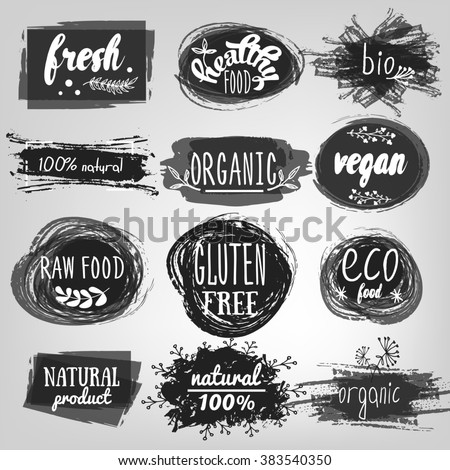 Labels with vegetarian and raw food diet designs. Organic food tags and elements set for meal and drink,cafe, restaurants and organic products packaging.Vector illustrated bio detox logo.
