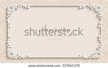 Rectangle lace frame with cutout paper decoration, vector greeting card or wedding invitation template, eps10