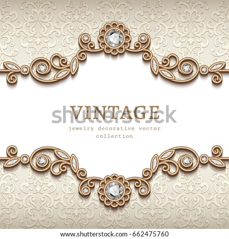 Vintage card with diamond jewelry decoration, gold flourish frame, elegant vignette, wedding invitation or announcement design, esp10 vector illustration