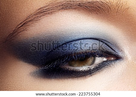 Macro shot of woman's beautiful eye, bright and deep colors make-up. Dark blue eyeshadow on eyelid. Sexy view, sensual look. Glamourous chic makeup