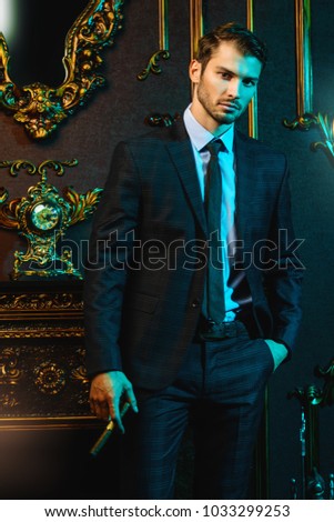 Portrait Imposing Man Expensive Suit Smoking Stock Photo 