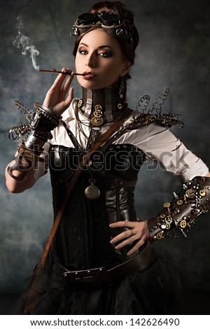 Portrait Beautiful Steampunk Woman Over Grunge Stock Photo 148715672 ...