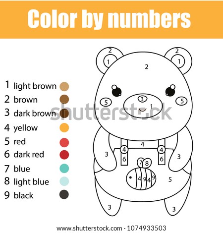 Children Educational Game Coloring Page With Cute Bear Color By Numbers Printable Activity