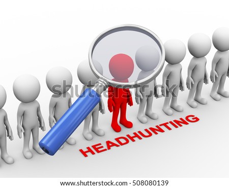 3d rendering of magnifier searching for highly skill person. Concept of headhunting. 3d white person people man