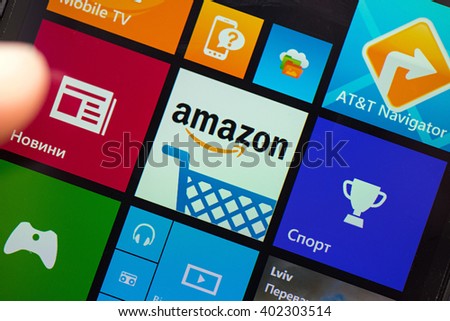 LVIV, UKRAINE - apr 06, 2016: Closeup photo of Amazon icon on mobile phone screen.