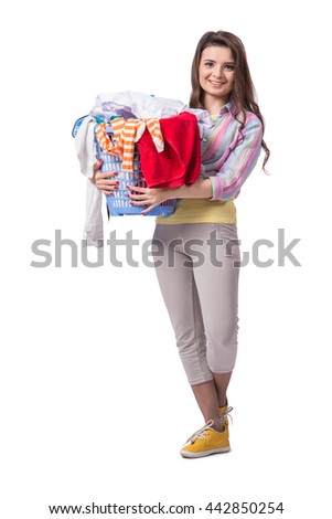 Woman tired after doing laundry isolated on white