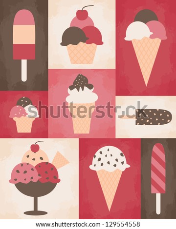 Retro style poster with different kinds of ice cream.