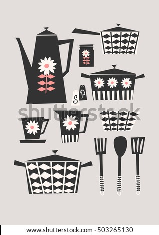 Mid Century Style Illustration Of A Set Kitchen Items In Black Pastel Pink Mid Century Style Illustration Of A Set Kitchen Items In Black Pastel Pink
