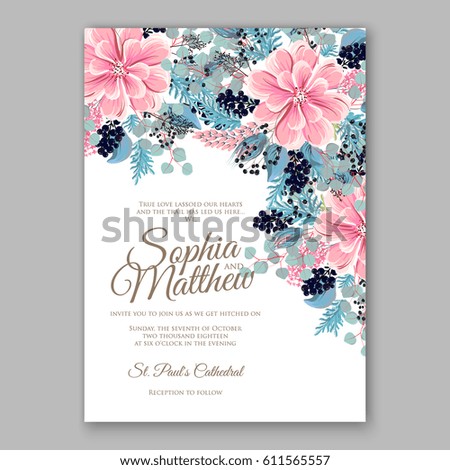 Peony Wedding Invitation Floral Bridal Wreath chrysanthemum flower Anemone, wild privet berry, currant berry vector floral illustration in vintage watercolor style