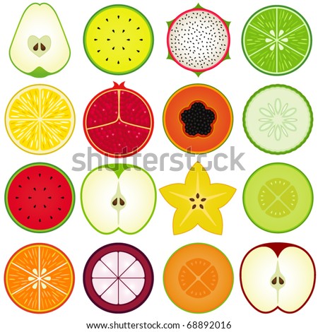 Vector of fresh fruit, vegetable cut in half, cross section. A set of cute and colorful icon collection isolated on white background - pear, watermelon, dragon fruit, lime, lemon, pomegranate, papaya