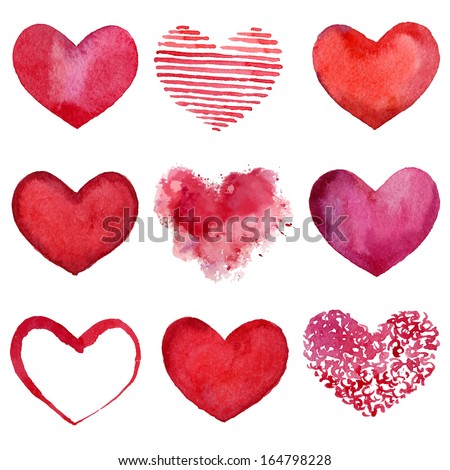 Set of watercolor hearts. Vector illustration