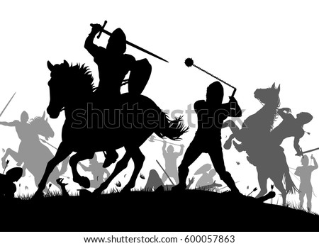 Vector silhouette illustration of a medieval battle scene with cavalry and infantry