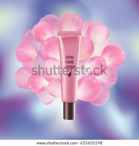 Vector illustration of a blank pink tube of expensive cosmetic skin care cream on blur background with pink rose petals. Template for expensive cosmetics. Mockup. EPS 10