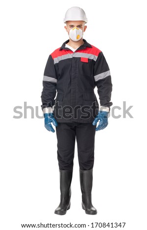 Full length portrait of young worker wearing safety protective gear isolated on white background