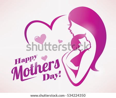 happy mothers day greeting card template, stylized symbol of mom and baby.