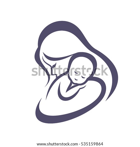 mother and baby stylized vector symbol, mom hugs her child logo template