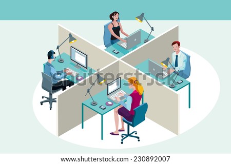 Four office workers in a office, working sitting at their desks, with their laptop ad computer. Isometric perspective.