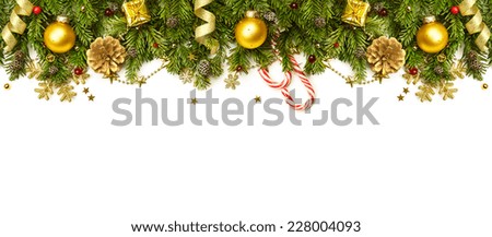 Christmas Border - tree branches with golden baubles, stars, snowflakes isolated on white, horizontal banner