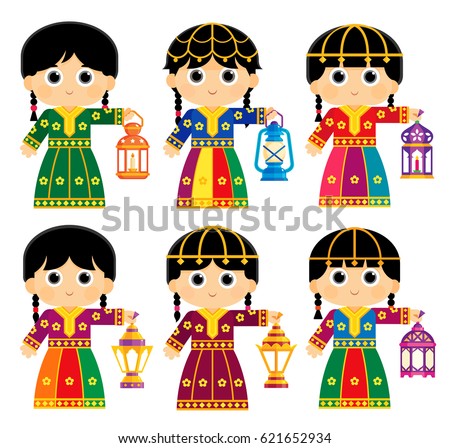 Girls are wearing an Old Traditional Clothes in some Arab Gulf Countries and carrying Ramadan Lanterns
