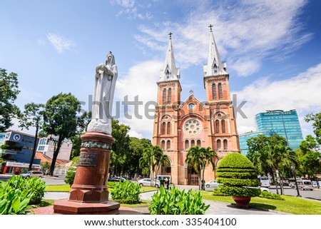 HO CHI MINH CITY, VIETNAM - NOVEMBER 2: Virgin Mary statue in front of Notre-Dame Cathedral landmark in Ho Chi Minh City, Vietnam on November 2, 2015. Ho Chi Minh is a popular tourist of Asia.