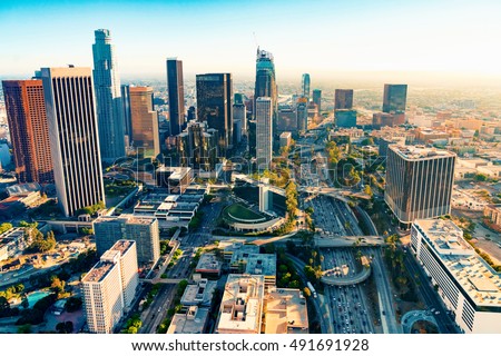 Aerial view of a Downtown Los Angeles at sunset
