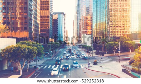 View of Los Angeles rush hour traffic in Downtown LA