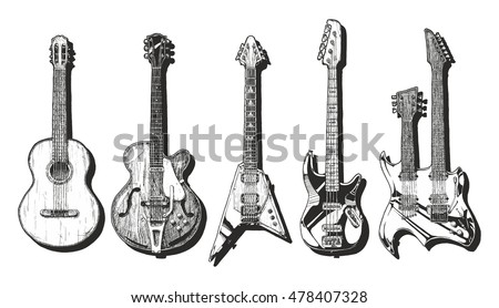 hand drawn set of guitars. Acoustic guitar (classical guitar ), semi-acoustic guitar (archtop guitar), electric guitar, bass guitar and double neck guitar.